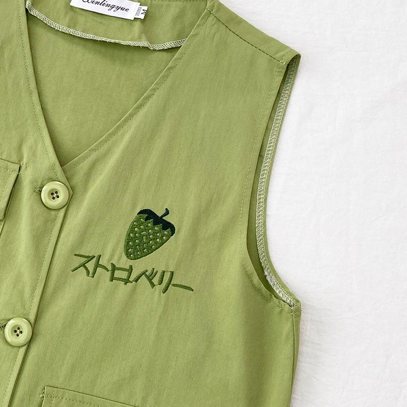 Strawberry Embroidery Women's Vest Coat Solid Color Sleeveless Spring and Summer Loose Casual Waistcoats