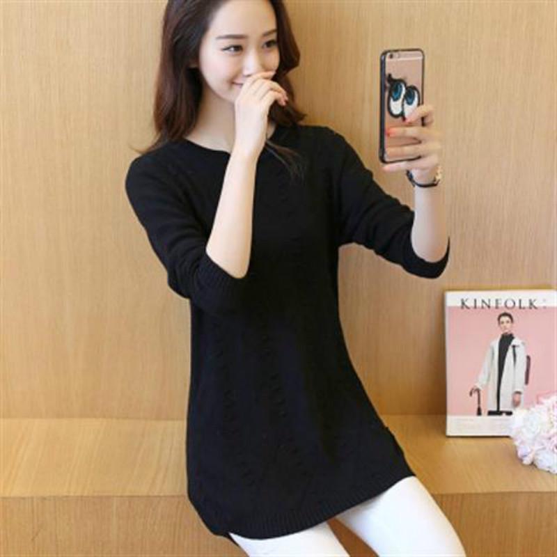 Pofulove Fashion Mid-length Round Neck Wild Base Sweater Knitted Base Sweater Sweater Women Winter