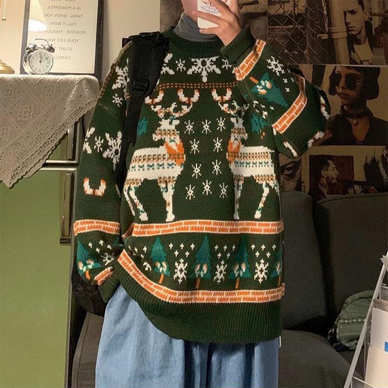Autumn and Winter Loose Sweater Thick Style Lovers Jacket Hong Kong Style Korean Loose and Lazy Christmas Sweater