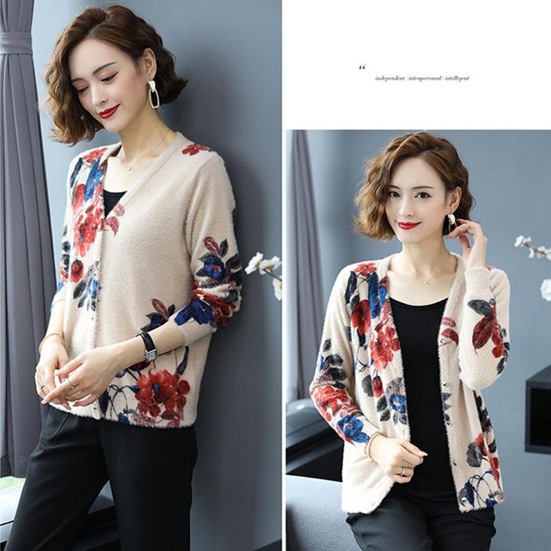 Autumn Winter Artificial Mink Cashmere Printed Knitted Cardigan Women's Short Sweater Coat Long-sleeved Loose Knitted Jacket