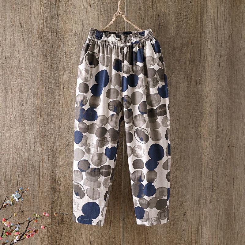 Cotton and Linen Printed Pants Women Loose Summer Thin Pants Women Plus Size Casual Pants Nine Points Harem Pants