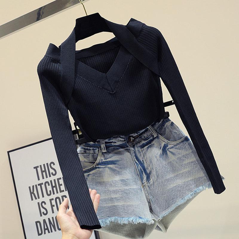 Autumn Slim V-neck Pullover Sweater Feminine Halter Neck Off-shoulder Knit Sweater Top Stretch Knitwear jumper