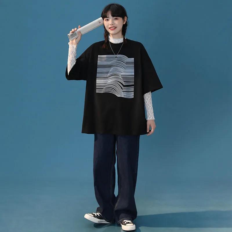 Women's Short-Sleeve T-shirt 100% Cotton Half-Sleeve Loose Korean K Pop Short-Sleeve Top Oversized Large T-Shirt Girl's Summer Casual Sports Clothing