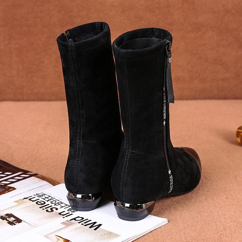 Pair of Women Shoes Leather Pointed Toe Martin Boots Zip Low Heel Cowboy Tied Flat Casual Shoes