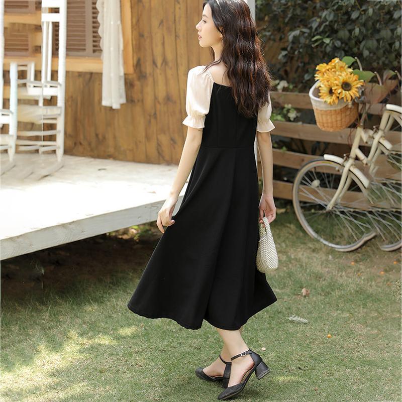 French Retro Style Sexy Black Woman Square Collar Puff Short Sleeves Wedding Part Mid-calf Dress