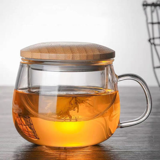 Creative Glass Tea Infuser Cup with Transparent Filter Handle Bamboo Lid Heat-resistant Flower Teacup Office Tea Mug Drinkware