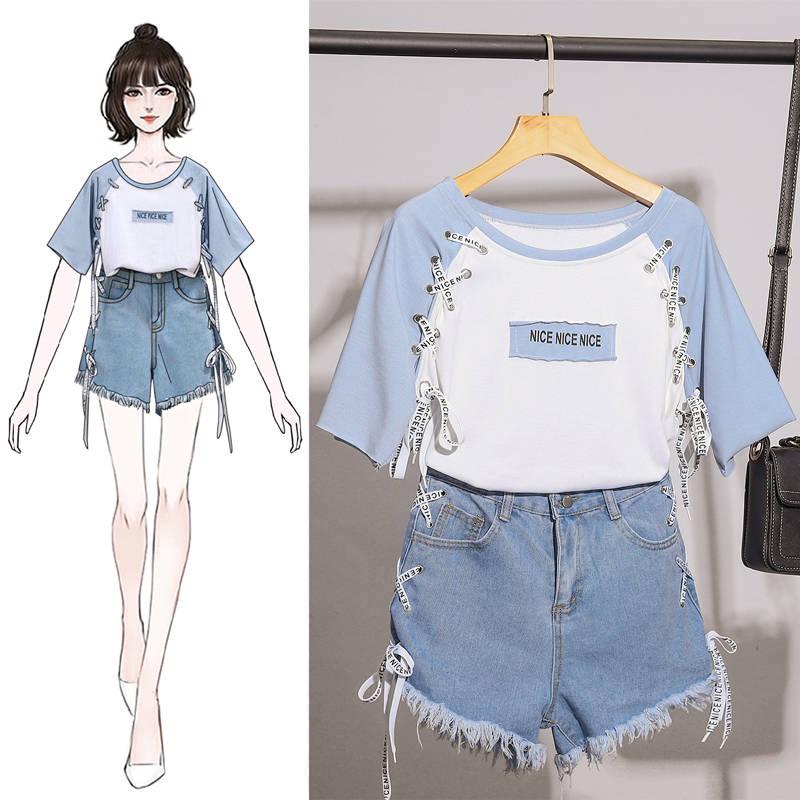 Women's Elegant Shorts Set Summer Strap Letter Print T-shirt Denim Shorts Two-piece Girl Sweet T-shirt Sets