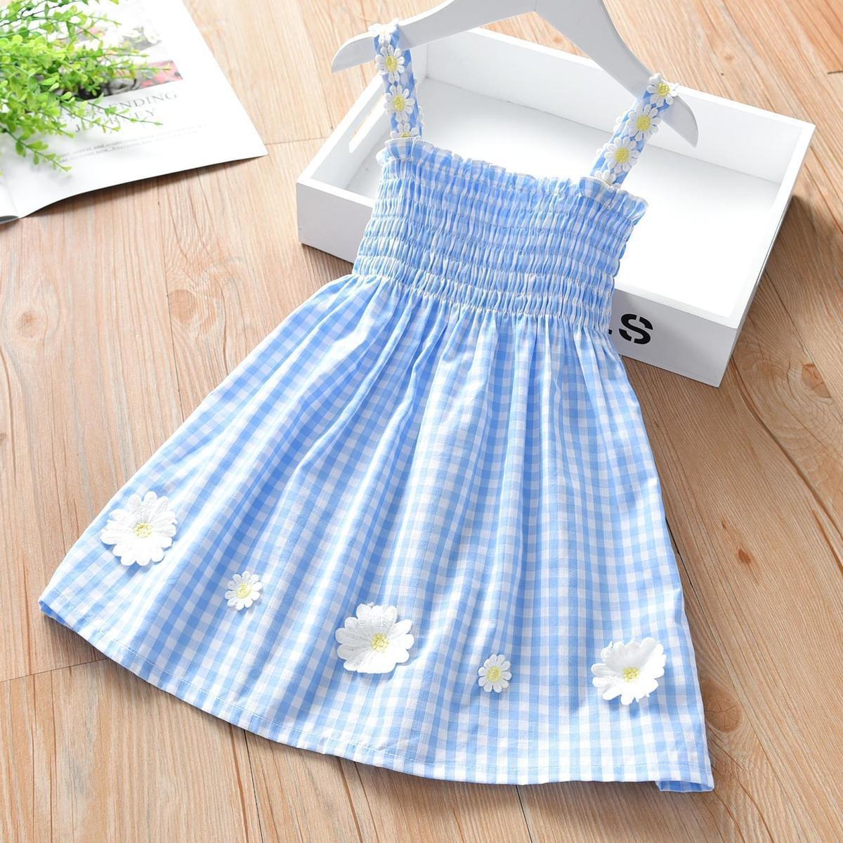 Children Dress Girls' Summer Thin Dress Suspender Dress Plaid Off Shoulder Chrysanthemum Princess Dress Ruffle
