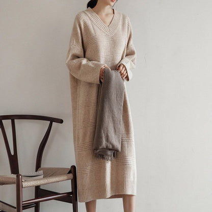 Large Size Knitted Dress Female Autumn and Winter Loose and Thin V-neck Long Sleeve Over The Knee Long Base Sweater Dress