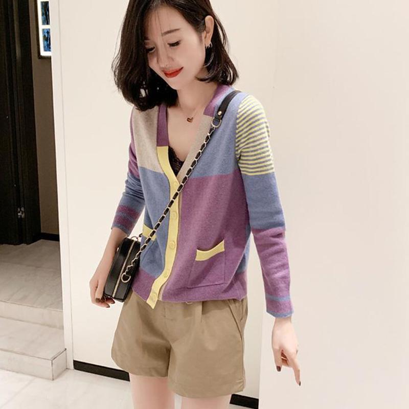 Color-block Knit Sweater Long-sleeved Loose V-neck Sweater Cardigan Jacket Female Spring and Autumn Korean Version of All-match Thin Top