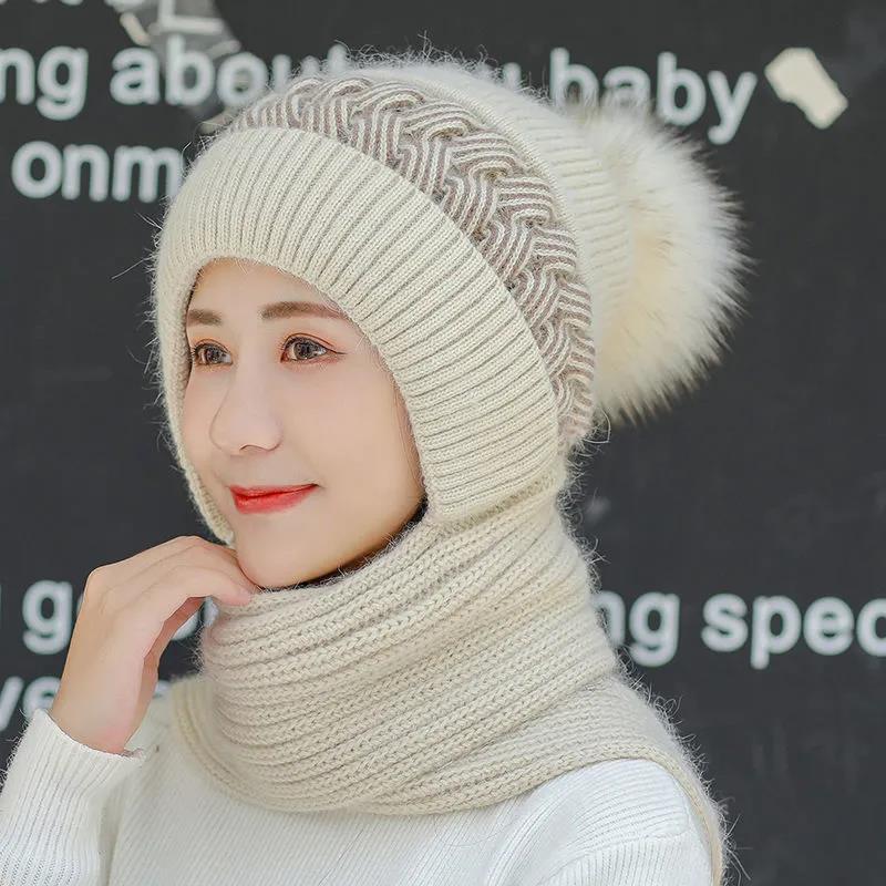 Winter Women's Scarf Hat One-piece Korean Fashion Warm Wool Knitted Hat One-piece Bib Plus Velvet Thick Windproof Bib Hat