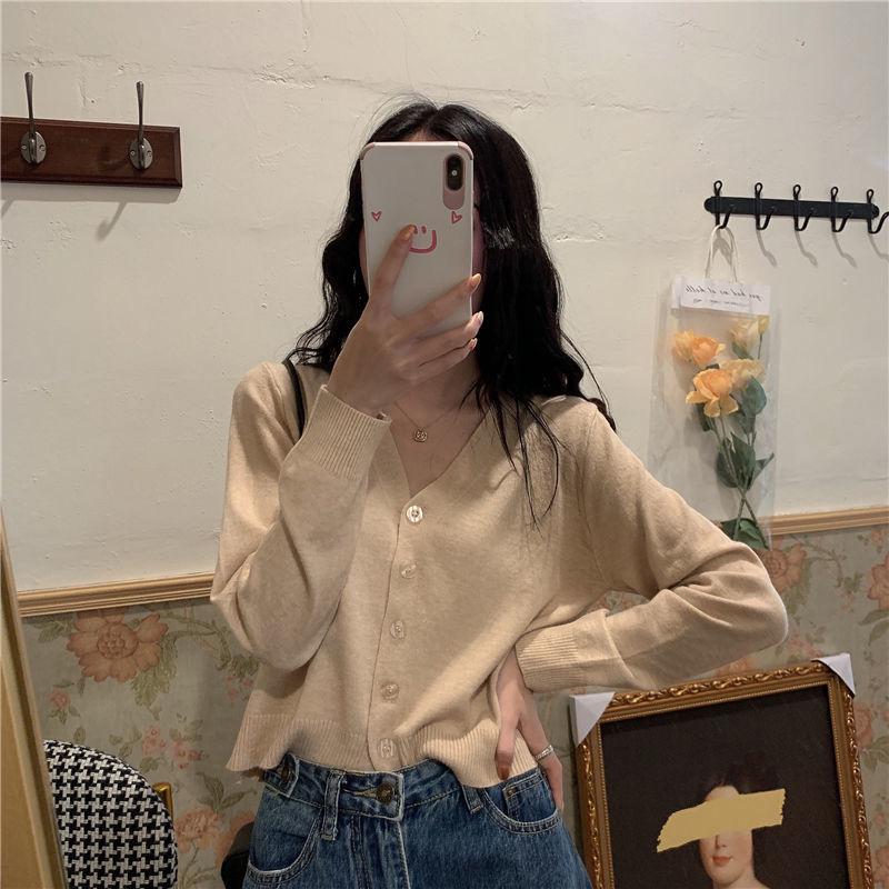 Spring and Autumn Style V-neck Cardigan Short Long Sleeve Top Jacket Thin Sweater Knitwear Women's Trend
