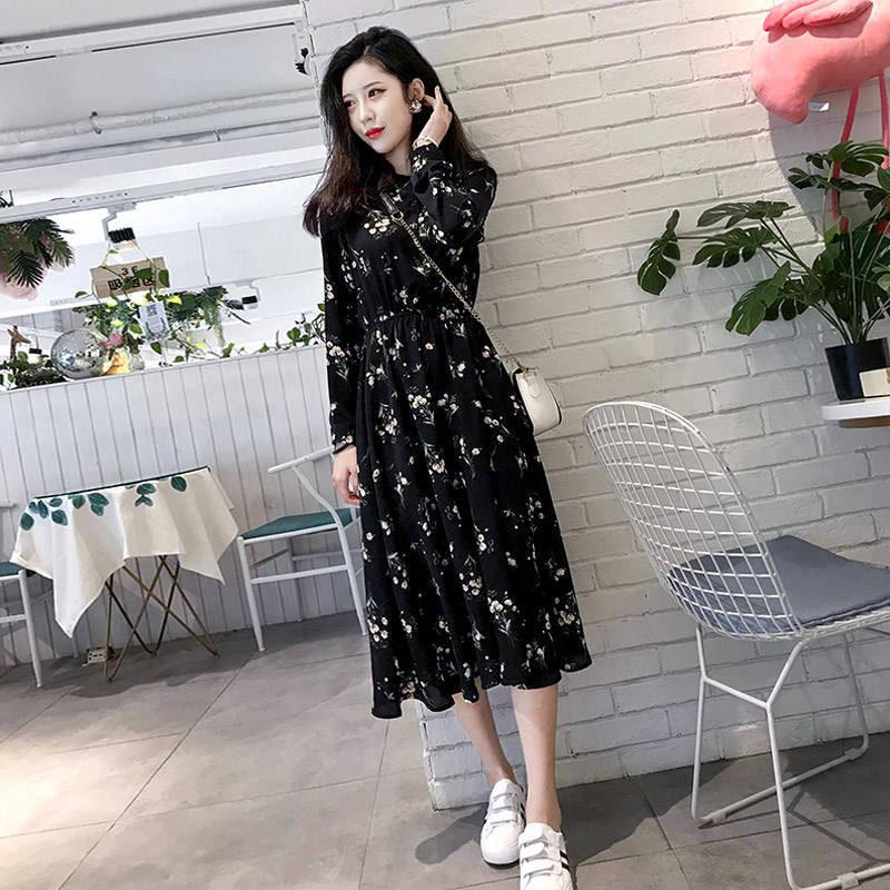 Women's Spring and Autumn Floral Dress Long Sleeve A-Line Stand Collar Mid-length Skirt Shirt Sleeve