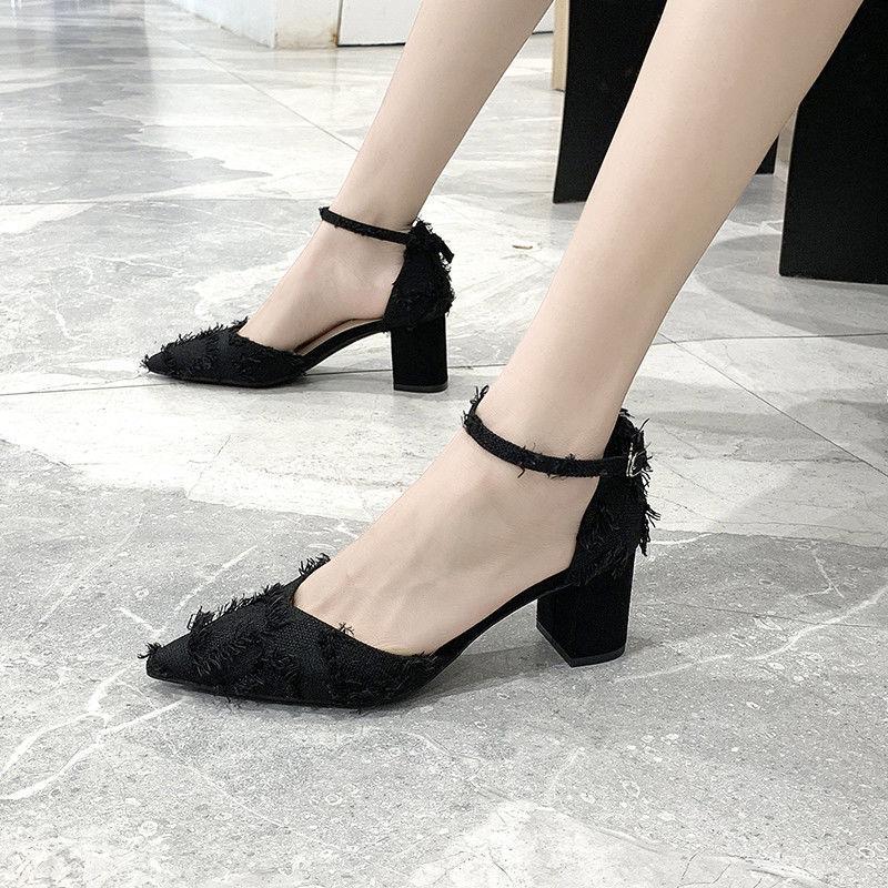 Stiletto High Heels Spring Style All-match Pointed Toe Strap French Toe Cap Spring Hollow Thick Heel Shoes