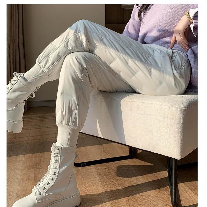 Down Cotton Trousers for Women's Outer Wear Fashion Plus Velvet Thickening Winter Models with Waistband, Leisure and Thin Warm Cotton Trousers