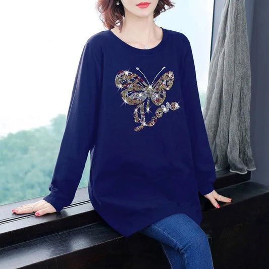 Letter Butterfly Rhinestones Pullovers Tees Spring Autumn Women Clothing Fashion Casaul Long Sleeved Round Neck T Shirt Female Loose Tops