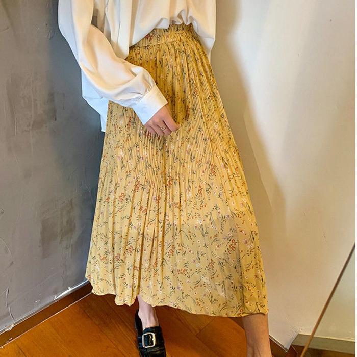 Pleated Floral Skirt Summer Women's High Waist Mid-length A-line Draping Chiffon Fairy Dress