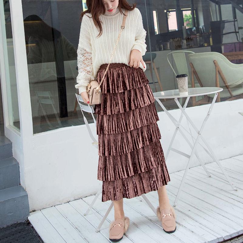 Spring Autumn Pleated Skirt Womens Vintage High Waist Skirt Solid Long Skirts Casual Skirt Female