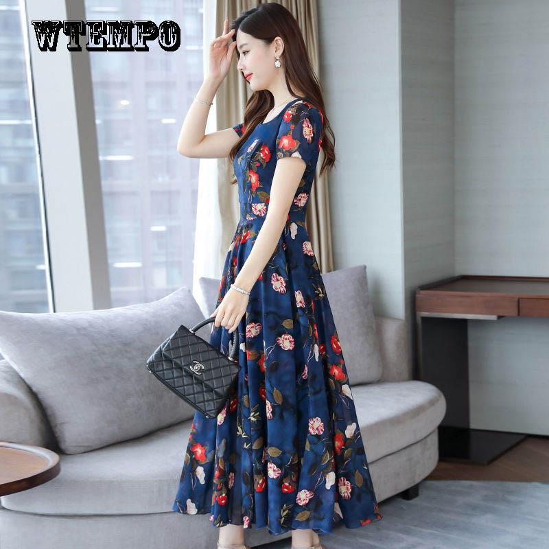 Summer Round Neck Short-sleeved Dress Floral Dress Over The Knee Loose and Thin