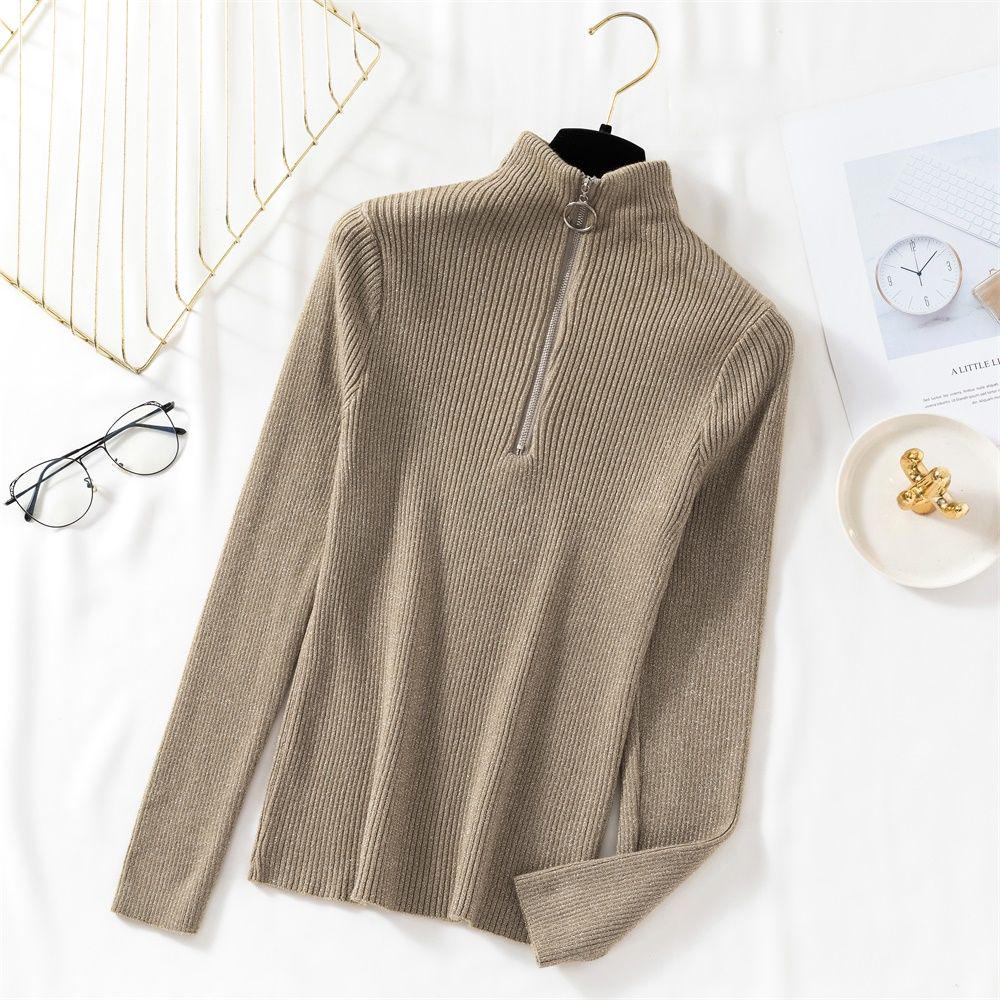 Women Shiny Lurex Turtleneck Zipper Sweater Knitted sweater Pullovers chic Jumper top Winter female