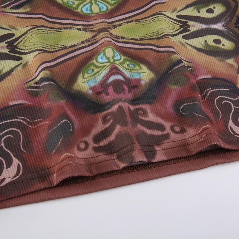Y2K Long Sleeve T-shirt Women Vintage Knitted Crop Top Woman Tie Dye Print T Shirt Female Casual Clothes