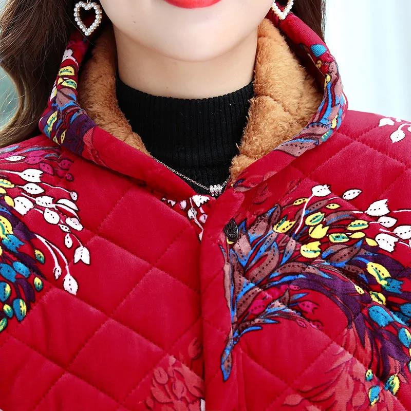 Winter Padded Jacket Chinese Style Printed Hooded Down Jacket Plus Velvet Padded Mid-length Padded Coat