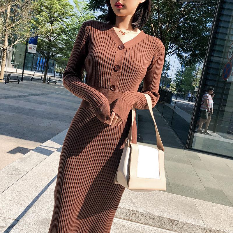 Autumn and Winter Fashion Padded Sweater Skirt Mid-length Over The Knee V-neck Knitted Dress Slim Inner Base Bag Hip Skirt