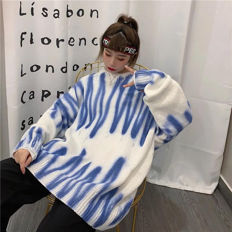 Print Knitted Sweater Women Elegant Striped Oversized Pullovers Women Spring Loose Long Sweaters Streetwear Knitted Coat