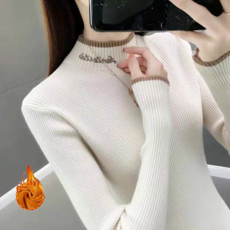 Autumn and Winter Korean Version of Warm Knit Sweater Slim Long-sleeved Solid Color Top Plus Velvet Thick Round Neck Sweater