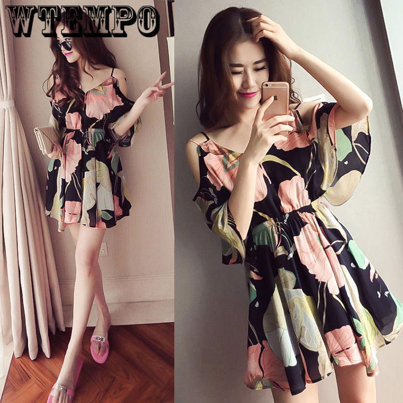 Chiffon Floral Dress Female Strapless A Word Skirt Strap Word Shoulder Beach Skirt