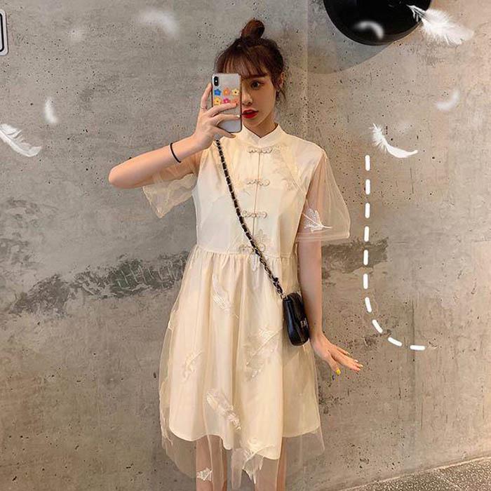 Pofulove S-4XL Women O-neck Feather Mesh Dress Loose Slim Sweet Short-sleeved Dress Short Cheongsam