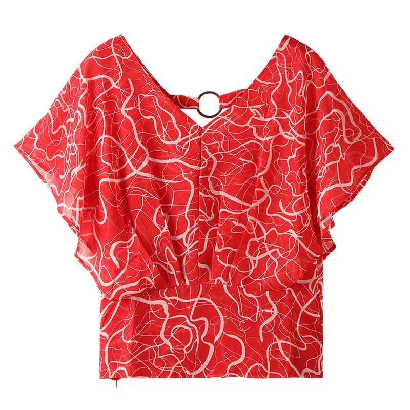 Summer Chiffon Shirt Short-sleeved Women's Temperament V-neck Bat-sleeve Cover Arm Thin T-shirt Women's Top