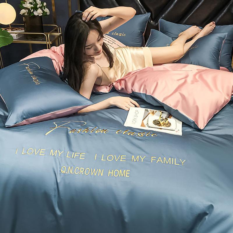 Embroidered Solid Color Bed Sheets and Pillowcases Simple Bedding Loka Cotton Bed Four-piece Set
