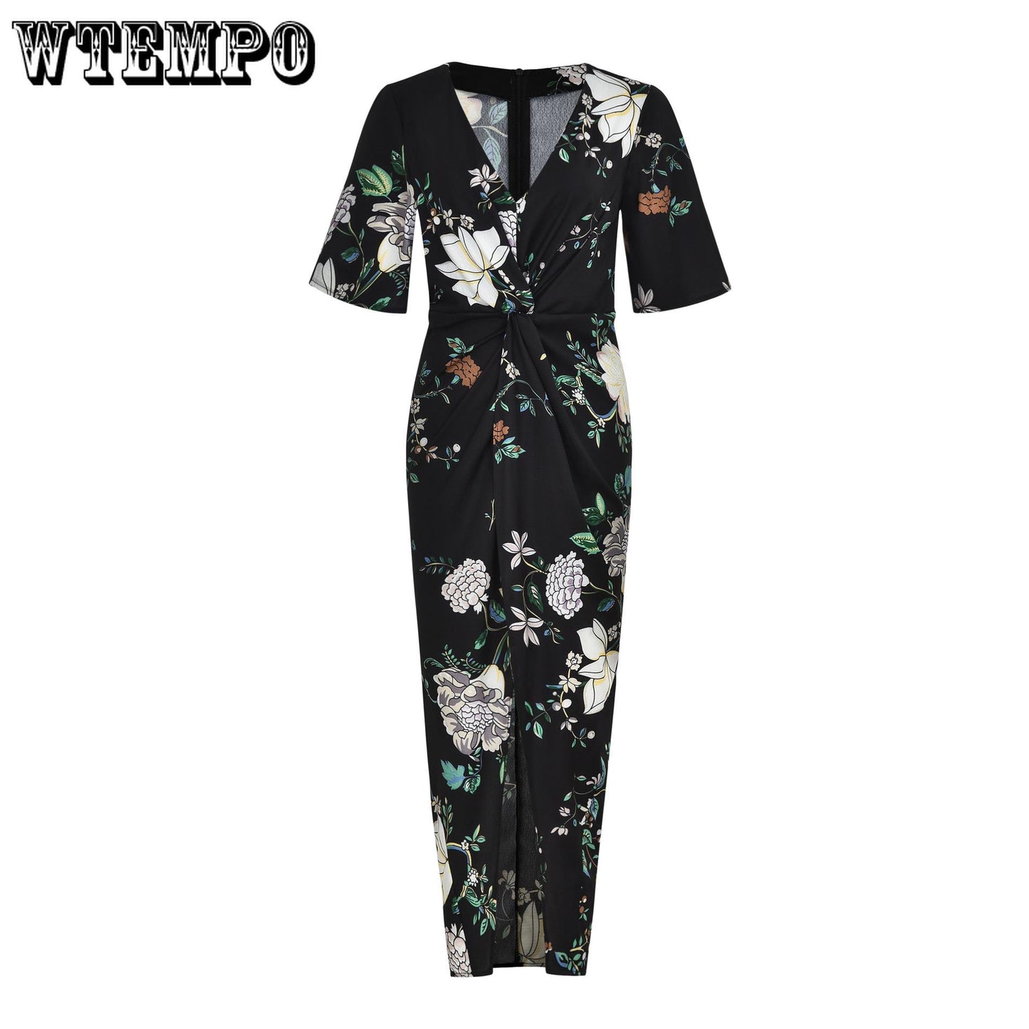 V-neck Chiffon Print Irregular Dovetail Split Bohemian Holiday Dress Long