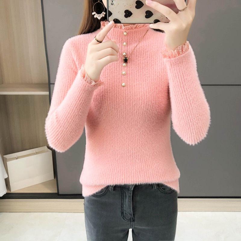 Color-fast Imitation Mink Velvet Inner Sweater Women Autumn and Winter Slim Bottoming Shirt Lace Beaded Sweater