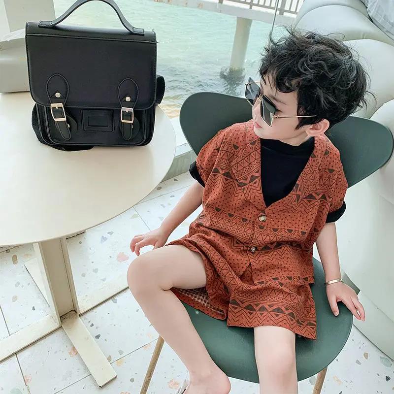 Boy's Summer Suit Literary Print Baby Short-sleeved Cotton Korean Version of Children's Summer Children's Fashion Summer Children's Clothing
