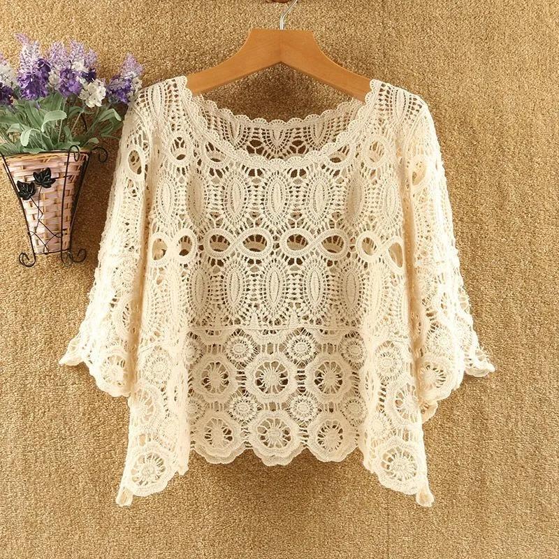 Hollow Out See-through Knitwear Loose-fitting Thin Pullover Top All-match Short with Skirt Jacket Thin Blouse Breathable