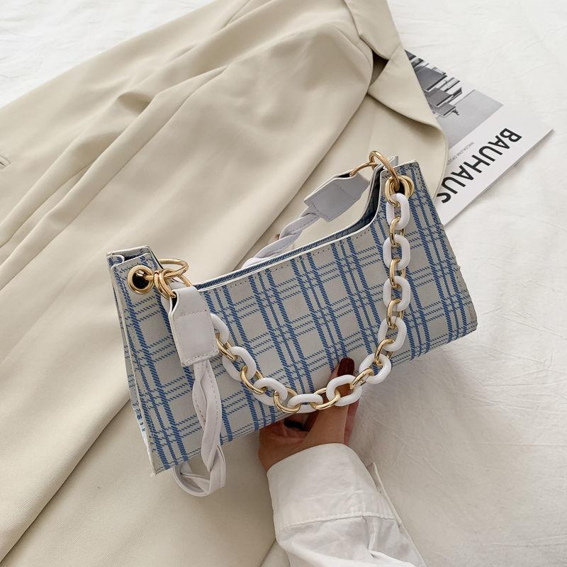 Check Lattice PU Leather Armpit Bag for Women Shoulder Handbags Lady Simple Elegant Baguette Bag