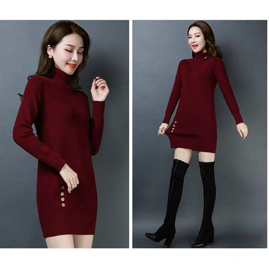 Autumn and Winter Long Turtleneck Sweater Knit Loose and Thin Base Shirt Plus Fluff Thick Dress