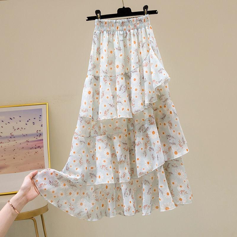 Printed Pattern Half-length Skirt Summer Floral Irregular Ruffled Wild A-line Super Fairy Cake Skirt Female Cute Skirt Fabric Light and Breathable