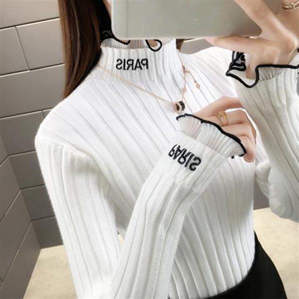Autumn and Winter Lace Half High Neck Bottoming Shirt Slim Knit Warm Sweater Fashion Simple Female Top