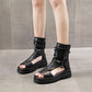 Women's Soft Leather Flat Sandals Platform Fish Mouth Sandals Mid-heel Casual High-top Roman Shoes