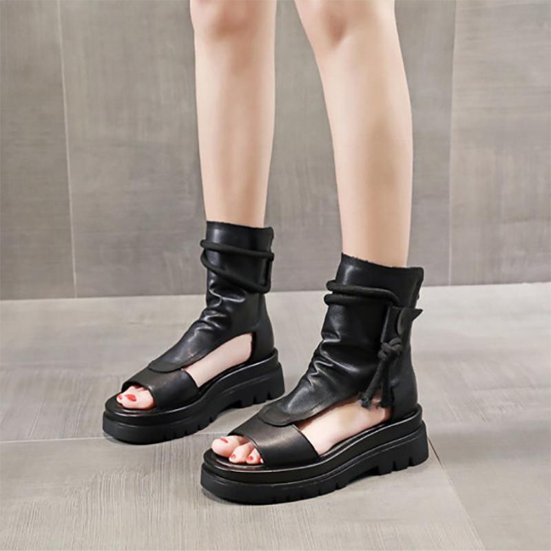 Women's Soft Leather Flat Sandals Platform Fish Mouth Sandals Mid-heel Casual High-top Roman Shoes