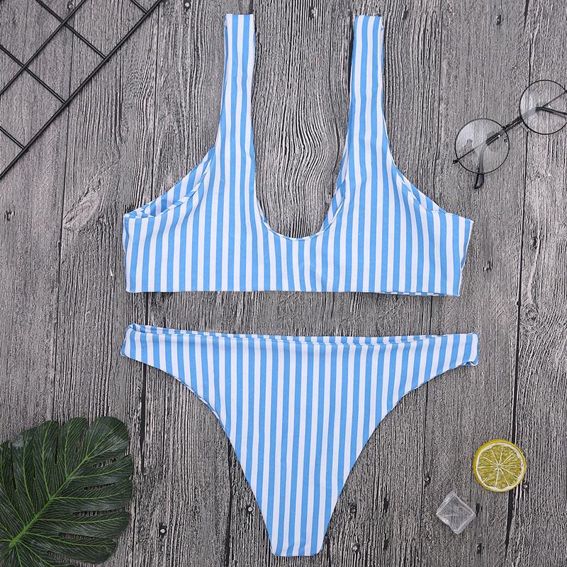 WTEMPO Swimsuit blue striped U-necked chest knotted bikini split swimsuit
