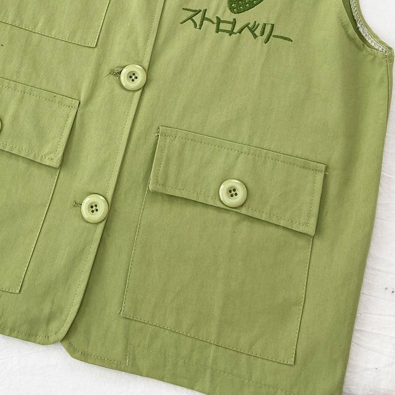 Strawberry Embroidery Women's Vest Coat Solid Color Sleeveless Spring and Summer Loose Casual Waistcoats