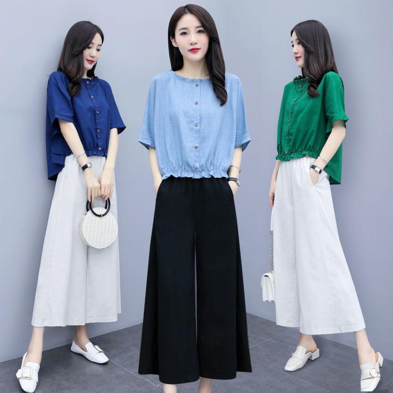 Cotton and Linen Large Size Loose Round Neck Short-sleeved Shirt Casual Wide-leg Pants Two-piece Fabric Lightweight Breathable Large Size Ladies Suit