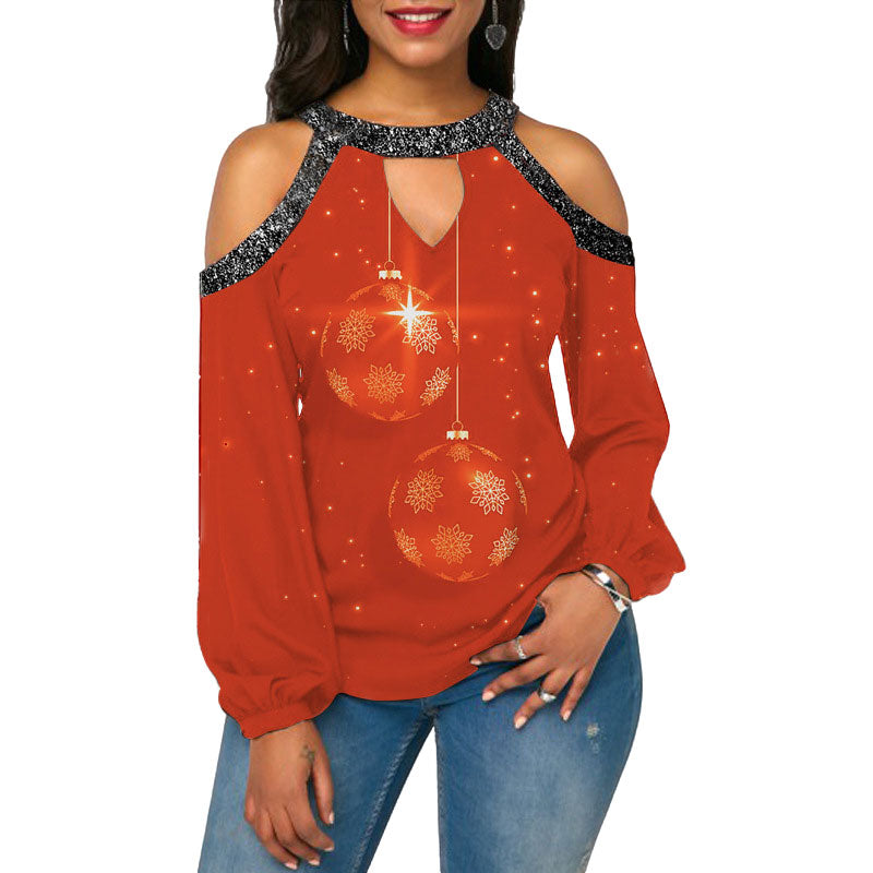 Printed T-shirt Sparkling Stitching Off Shoulder Festival-themed Shirt Women's Long-sleeved Blouse Sexy Halter Streetwear Shirts