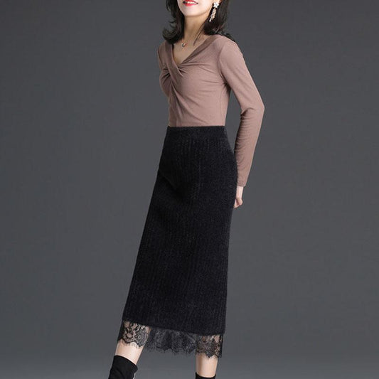 Autumn Winter Mink Velvet Skirt Thick Knitted Bodycon Skirt Fuzzy Split Sexy Lace Stitching Long Pencil Skirt