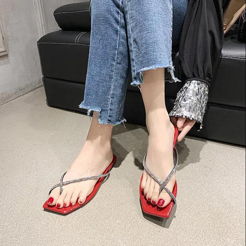 Slippers Women's Summer Outer Wear Rhinestone Flat Flip Flops Open Toe Sandals Women's Sexy Shiny Flip Flops Hard Bottom Non-slip
