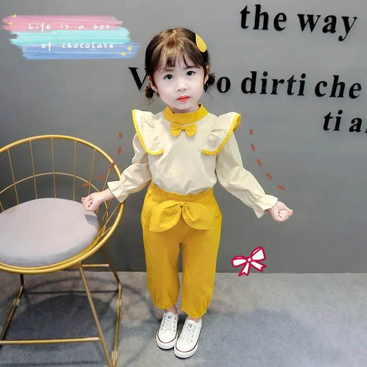Children's Suits Girls Spring and Autumn Clothes Cute Bow Decoration Single-breasted Long-sleeved Comfortable Light and Breathable Two-piece Set